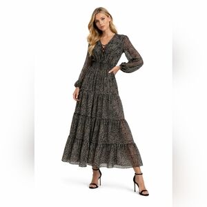 Bohme Leopard Print Tiered Maxi Dress Medium NWOT Boho Long Sleeve
